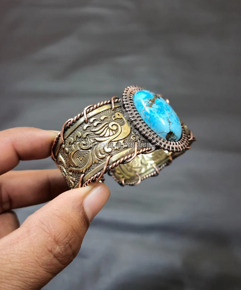 藏族绿松石双色手镯铜线包装可调节袖口手链 — 第 2/4 张图片