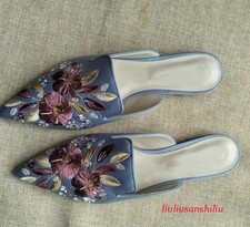 Women Pointy Toe Slippers Slides Floral Flats Mules Embroidery Casual Shoes Size