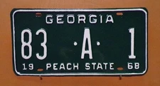1968 Georgia  License Plate    83 A 1