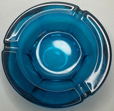 Blue Glass Ashtray 3 Rest Round Vintage Heavy...