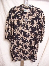 Paradise Found Hawaiian Shirt - size XL - black rayon with tan leaf design