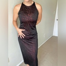Vintage 90s express tricot velvet paisley black red maxi burnout dress prom y2k