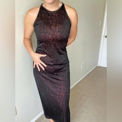 Vintage 90s express tricot velvet paisley black red maxi burnout dress prom y2k