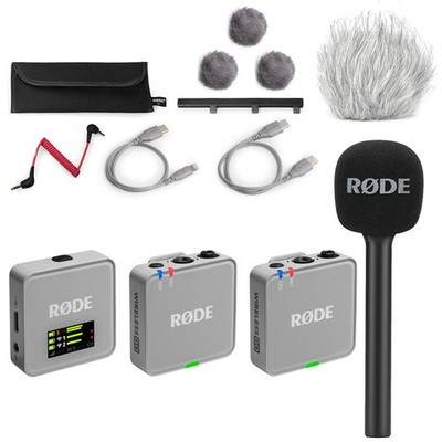Rode Wireless GO Gen 3 Stone Grau mit Interview GO und WSBW Fell-Windschutz