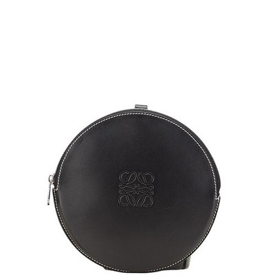 LOEWE Anagram Cookie Pouch Black Leather Round Bag Staubbeutel Auth