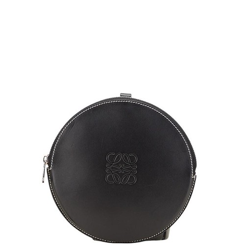 LOEWE Anagram Cookie Pouch Black Leather Round Bag Dust Bag Auth