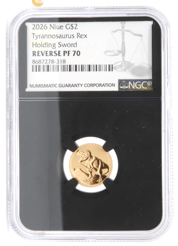 2026 Niue $2 22K Gold Tyrannosaurus Rex Holding Sword Coin NGC Reverse PF70