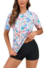 Womens 2 Piece Rash Guard, Built in Bra, UPF 50 Swim Shirt, Board Shorts
