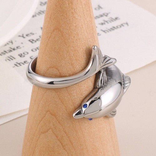 Men Women Blue CZ Eye Dolphin Fashion Ring Stainless Steel Love Gift Pinky Ring - Picture 3 of 6