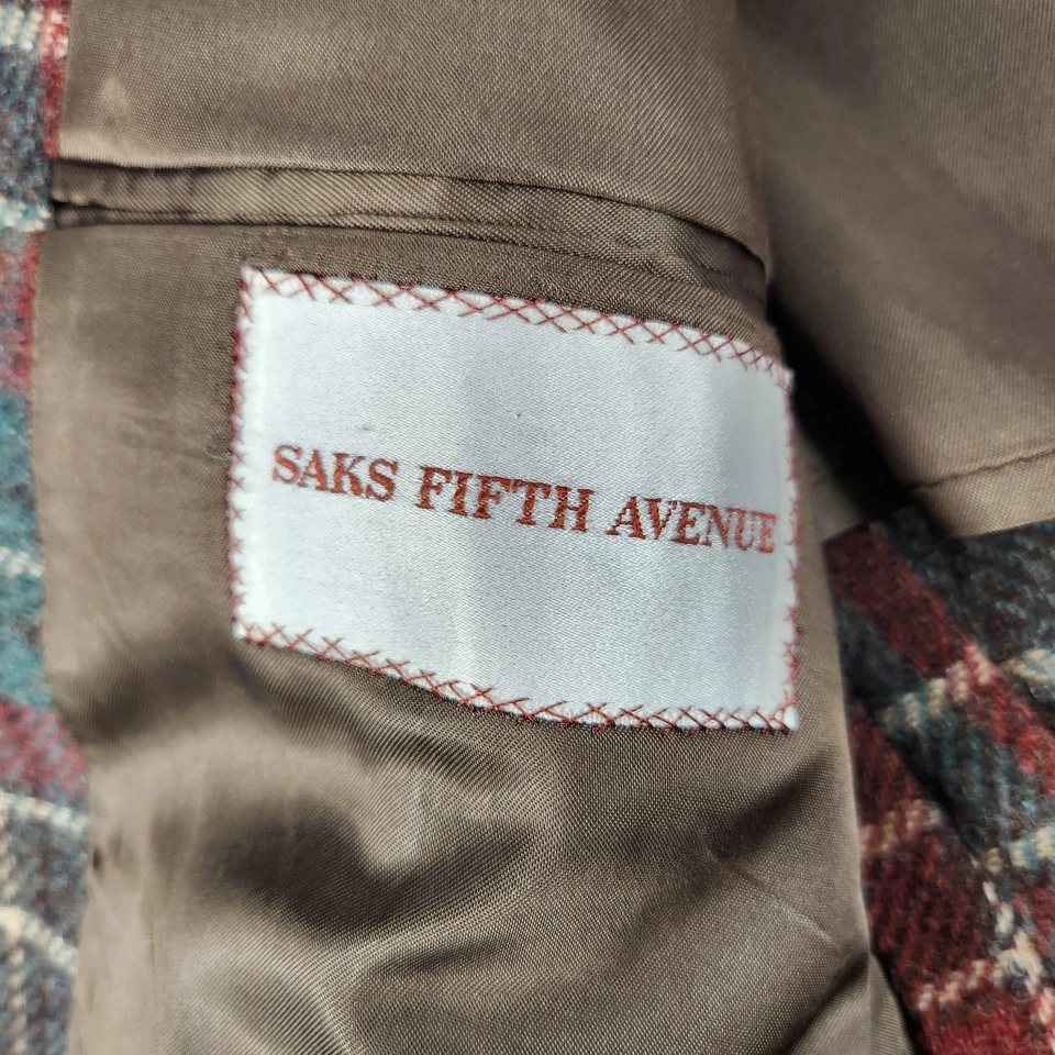 Vintage Saks Fifth Avenue Tweed Blazer Mens 42 Plaid Leather Elbow Patch - Image 4 of 4