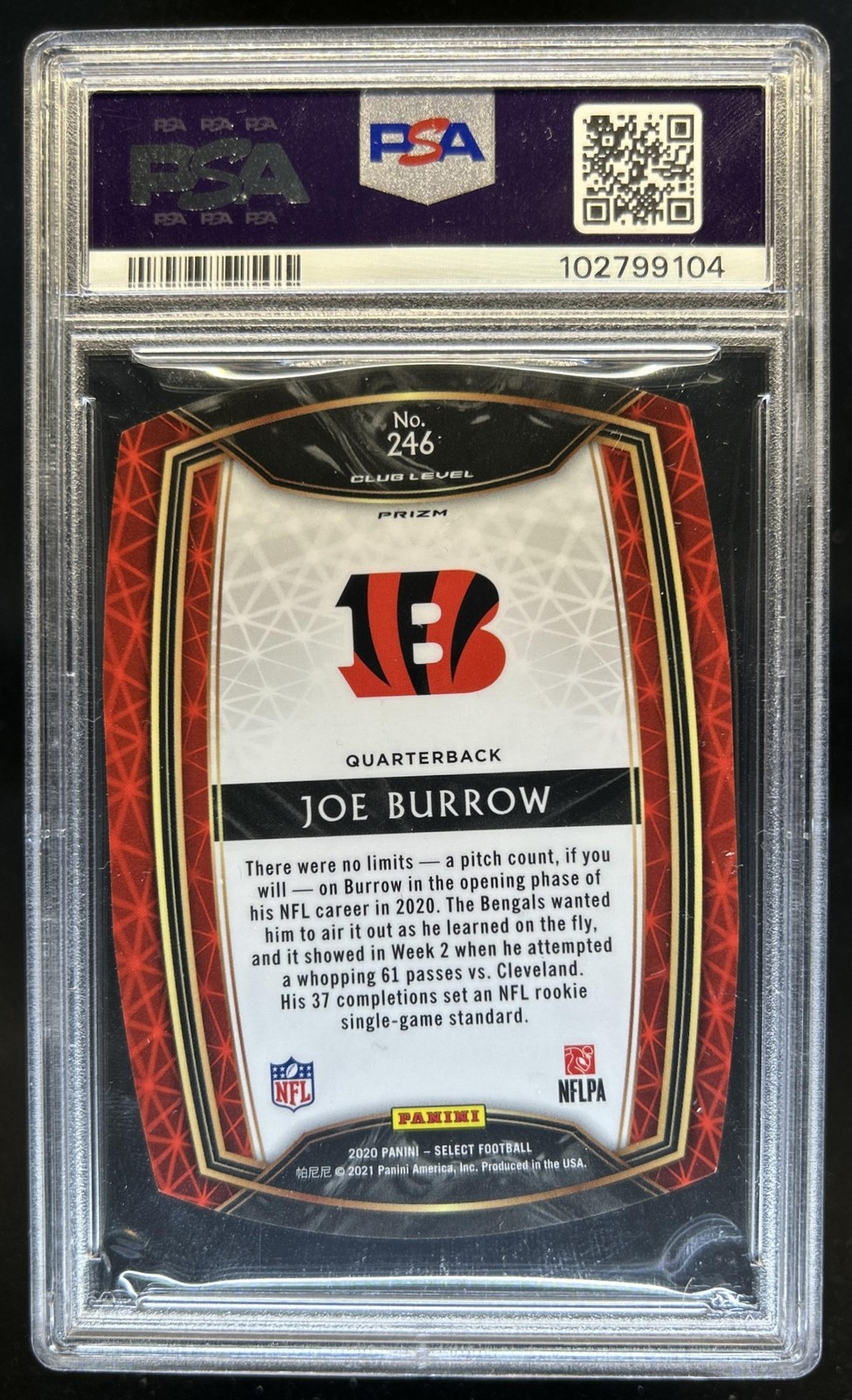 2020 Panini Select Joe Burrow Neon Green Prizm Die Cut Rookie Club RC #246 PSA 9 view 2