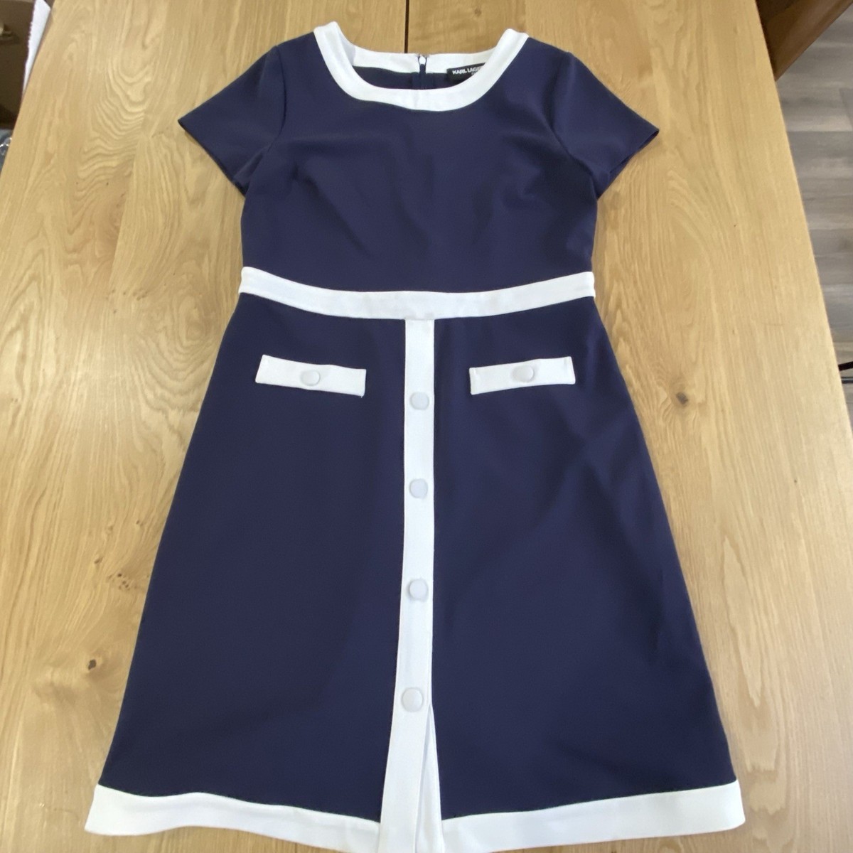 Karl Lagerfeld Paris Navy Blue White shift Dress Sz 8 50s Style Audrey Hepburn Karl Lagerfeld Paris Navy Blue White shift Dress Sz 8 50s Style Audrey Hepburn