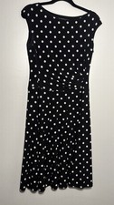 LRL Black And White Polka Dot Midi Dress Size 6 Cap Sleeves Boat Neck Preppy