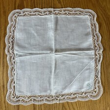 Vintage Pure Irish Linen Handkerchief with Intricate Hand Stitched Lace Trim 50s