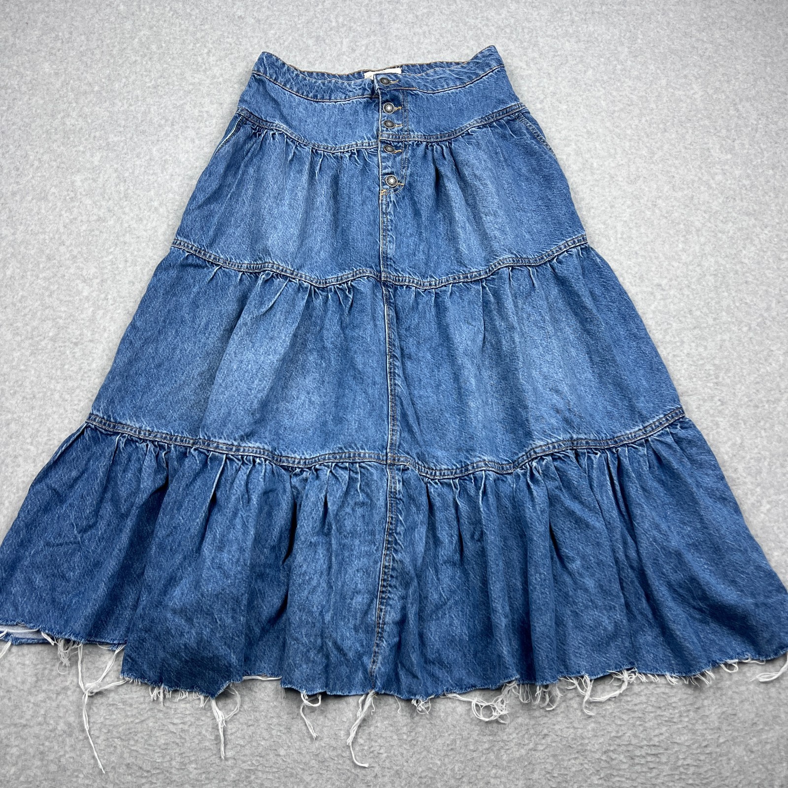 We The Free People Dreamweaver Maxi Skirt Womens Small Blue Denim Tiered Jean