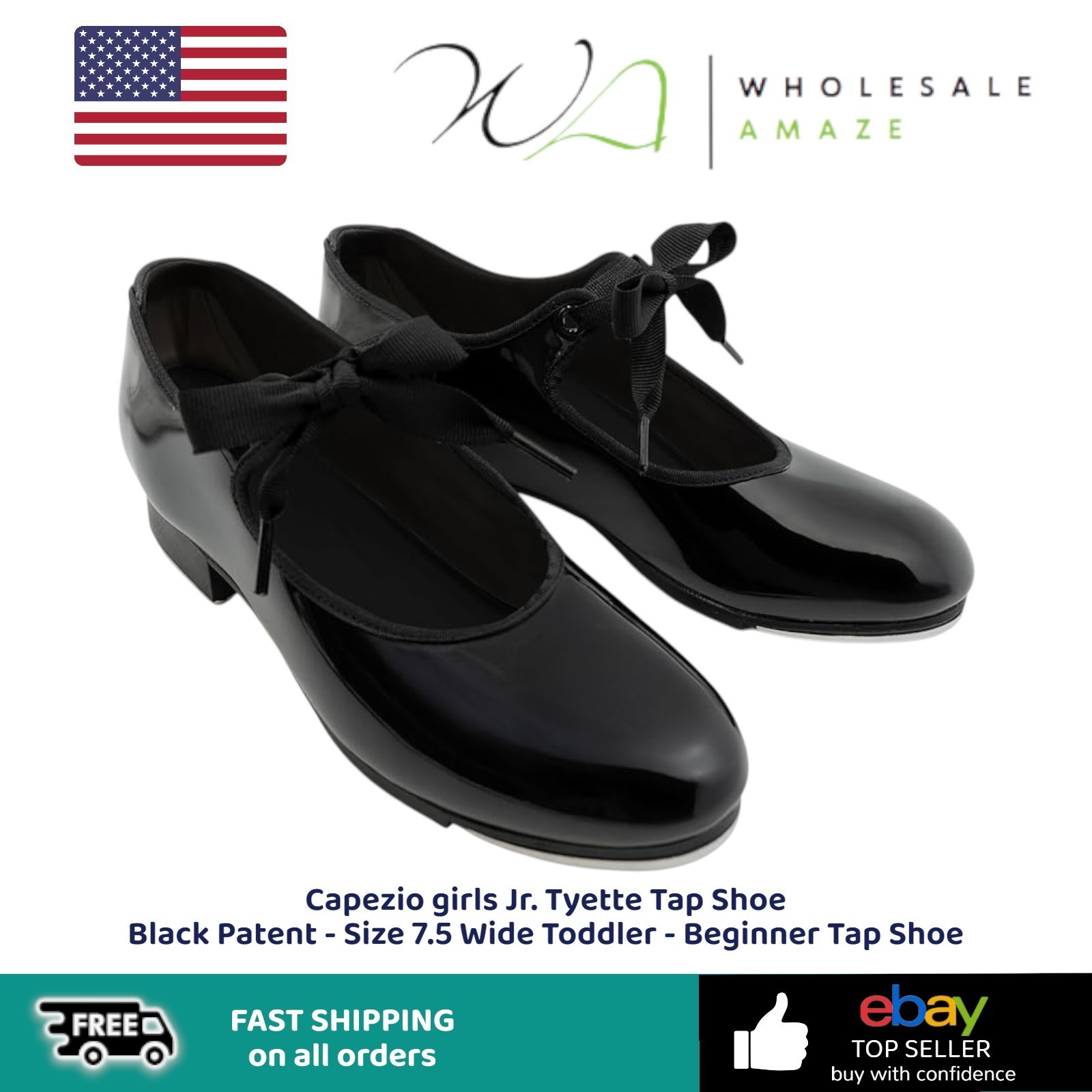 Capezio girls Jr. Tyette Tap Shoe Black Patent - Size 7.5 Wi