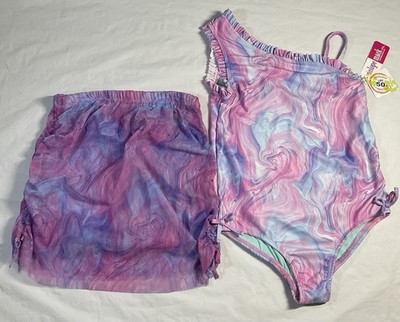 Penelope Mack Girls Size 7 One Piece Swimsuit With Cover Up Skirt Purple Swirls