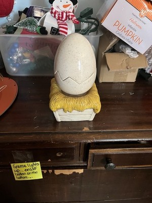 Vintage 1980 Ceramic Easter Music Box Egg Hatching Chick Spins  Working!  8.5 