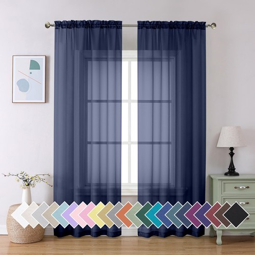 Sheer Navy Blue Curtains 84 inch Length 2 Panels Set, Airy Soft-Touching Rod ...