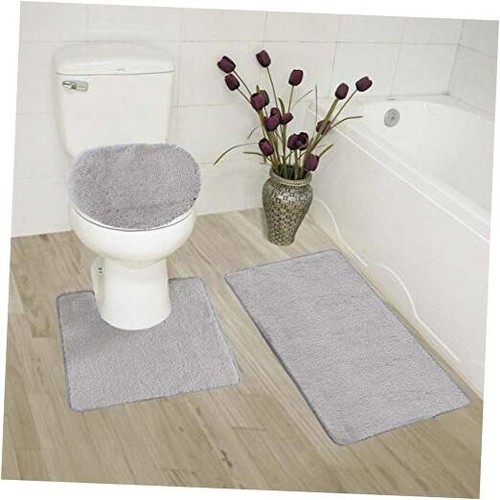 Solid Color 3 Piece Bathroom Rug Set Bath Rug, Contour Mat, Lid Cover Silver