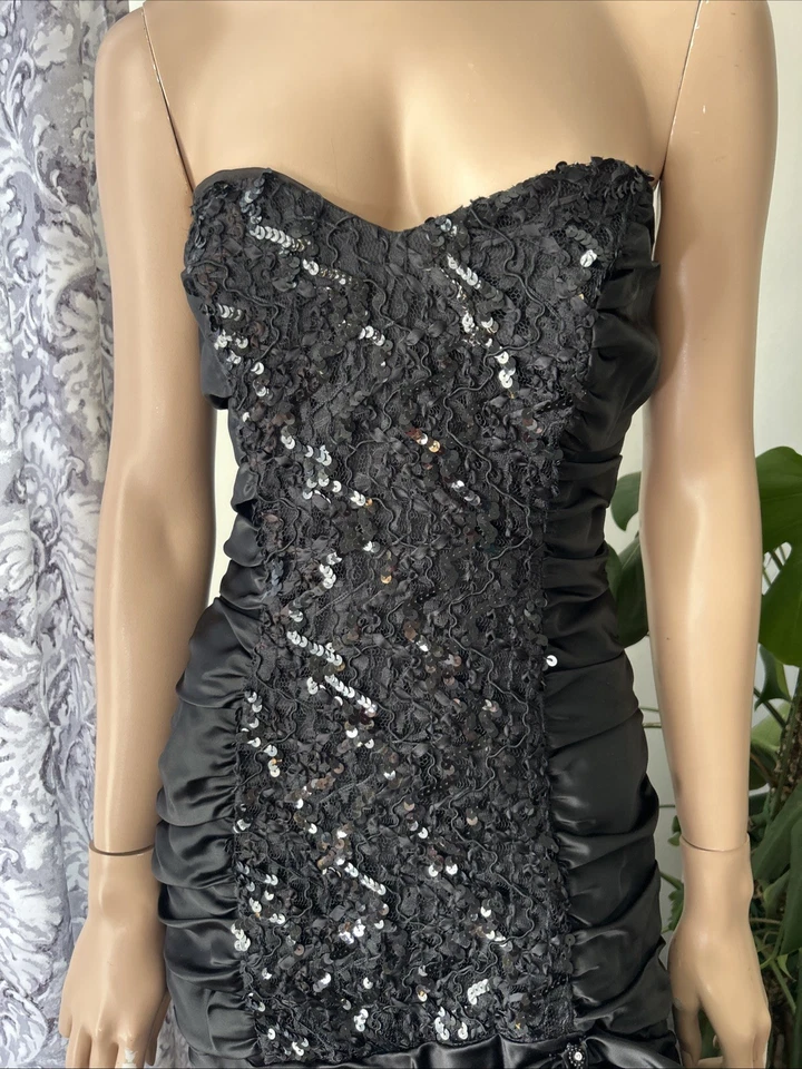 Vtg 80s ZUM ZUM Black Satin Sequin Formal Prom Mermaid Strapless Dress - Image 2 of 4