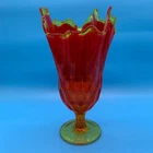 Vintage Fenton Amberina Red Orange Thumbprint Handkerchief Pedistal Flower Vase
