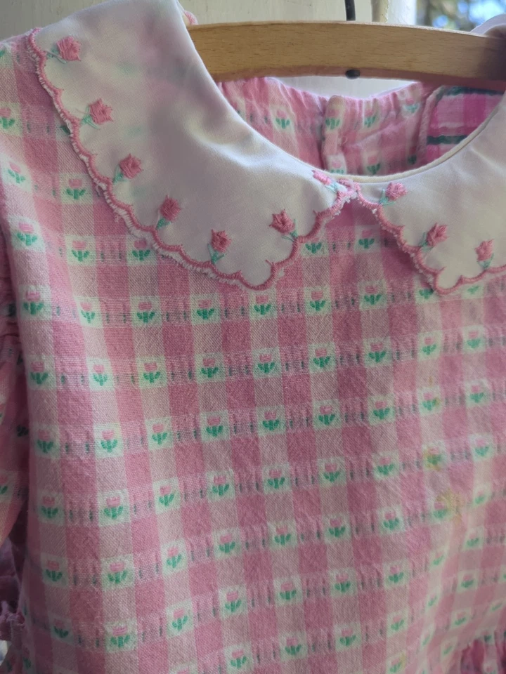 Vestido De Colección Oshkosh B’Gosh Flor Tulipán Rosa/Blanco Guinga Talla 6 Hecho en EE. UU. Foto 2 de 4