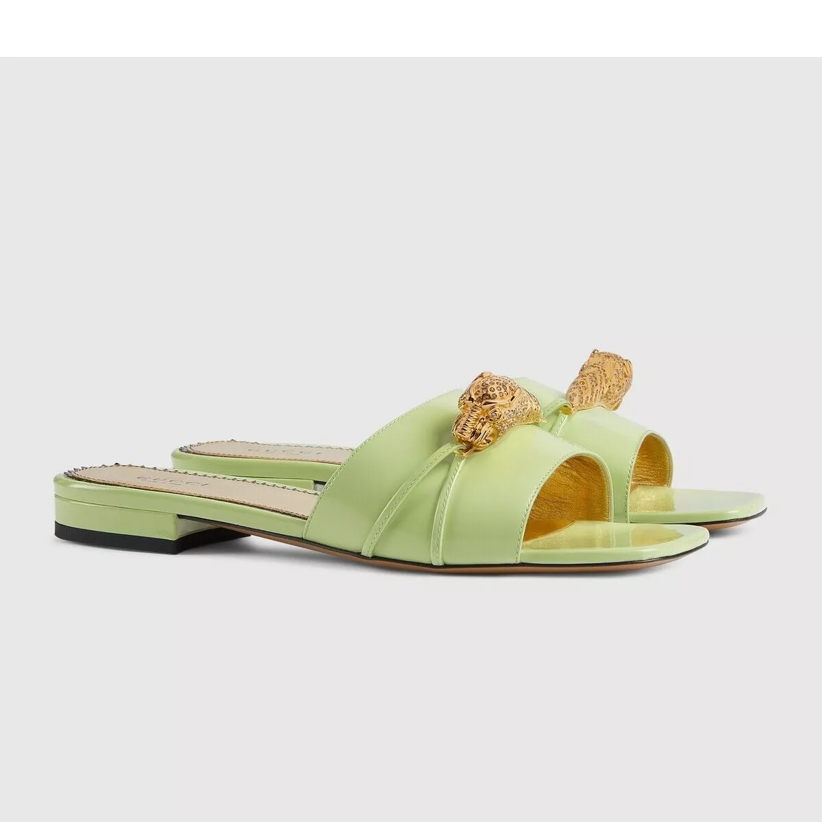 Sandales Gucci en cuir verni pistache tête de tigre IT 36/ US 6 neuves dans leur boîte