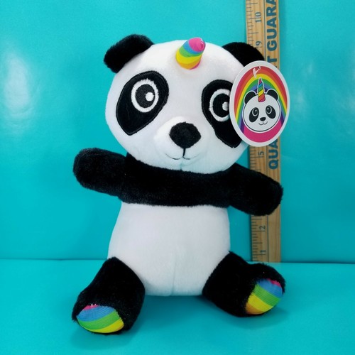 Panda Bear Unicorn Pandacorn Plush Stuffed Rainbow Horn Paws 8" Sitting NEW Soft - Picture 2 of 6