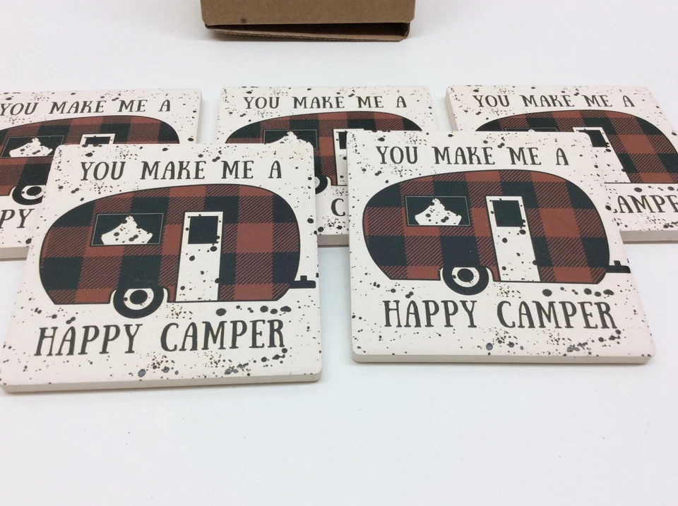 Ceramic Tile Coaster 4" Happy Camper Cork Backing Set of 5 - Image 2 of 3