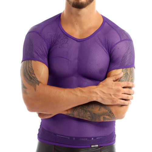 Men Sheer Fishnet T-Shirt Muscle Tops Training Shirt Fitness Sportswear Clubwear - Picture 11 of 36