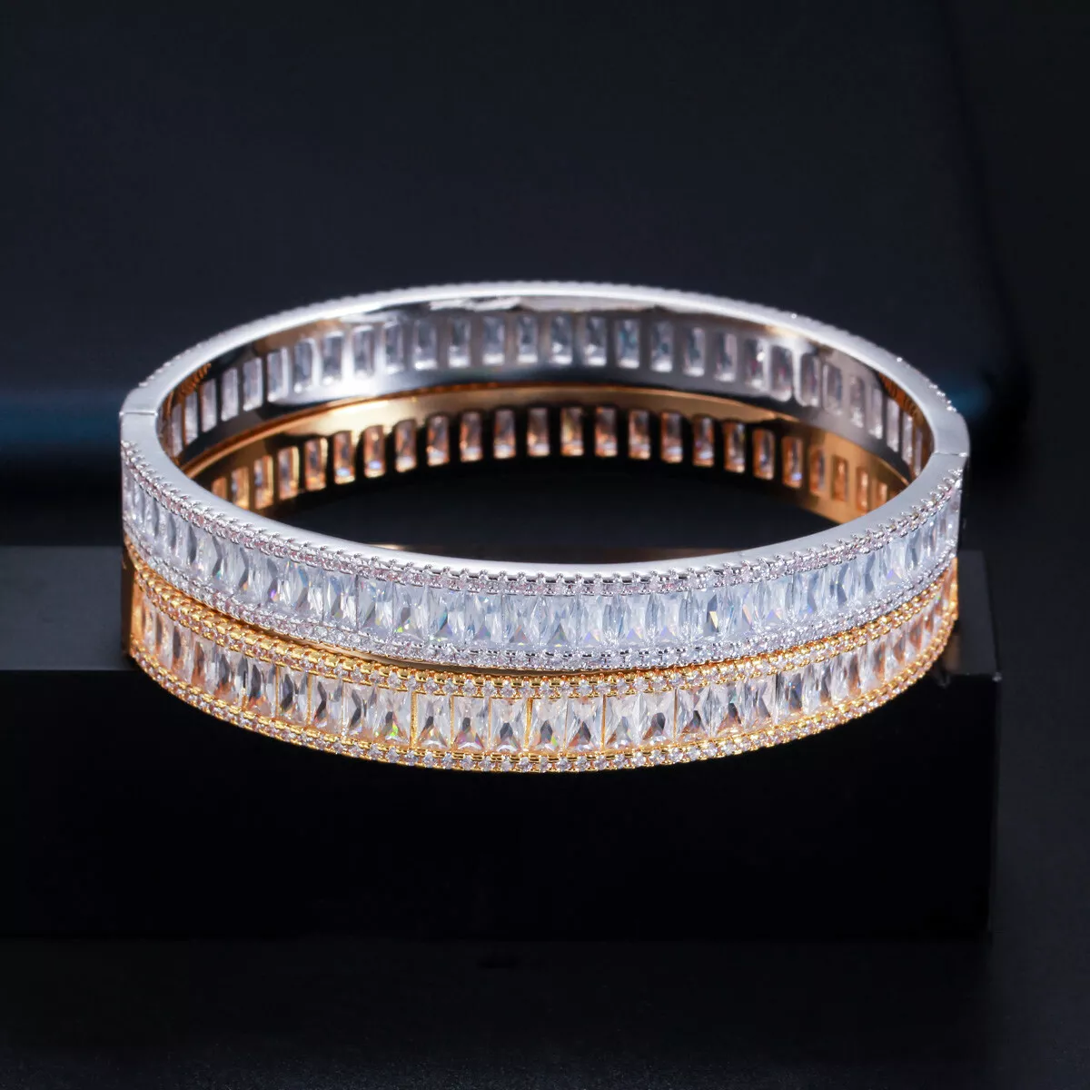 Baguette Cubic Zirconia Square Round Open Cuff Bracelet Bangle