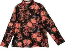 Vicki Wayne Top L Brown Coral Floral Print Cotton Blend Mock Neck Shirt Blouse
