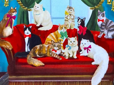 ONE* Cats On Couch Christmas Large Blank Note Card Orange Brown Gray Tabby White