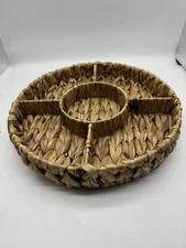 Chip And Dip Basket Woven Rattan Serving Party Tray Divided 14" Round Vintage