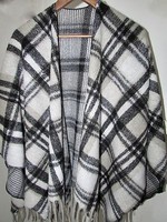Damen Poncho Cape Schal Tunika Umhang Oversize 100% Wolle Schwarz/Weiß Kariert
