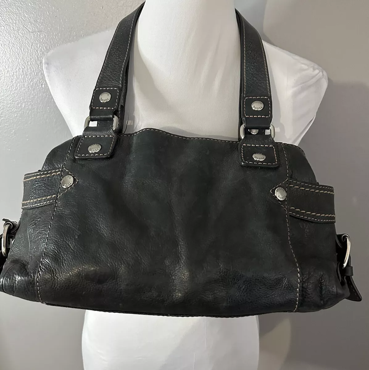 Fossil Purse Double Handle Zip Close Purse Charcoal Grey Large Leather Handbag