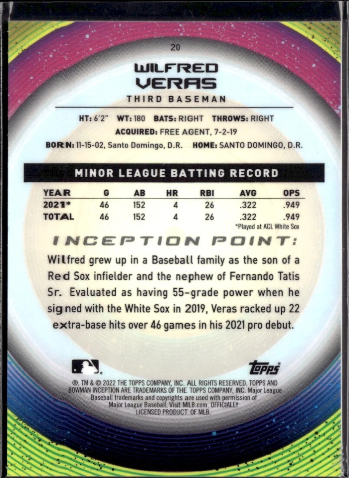 2022 BOWMAN INCEPTION BLUE FOIL #20 WILFRED VERAS (31/99) - Image 2 of 2