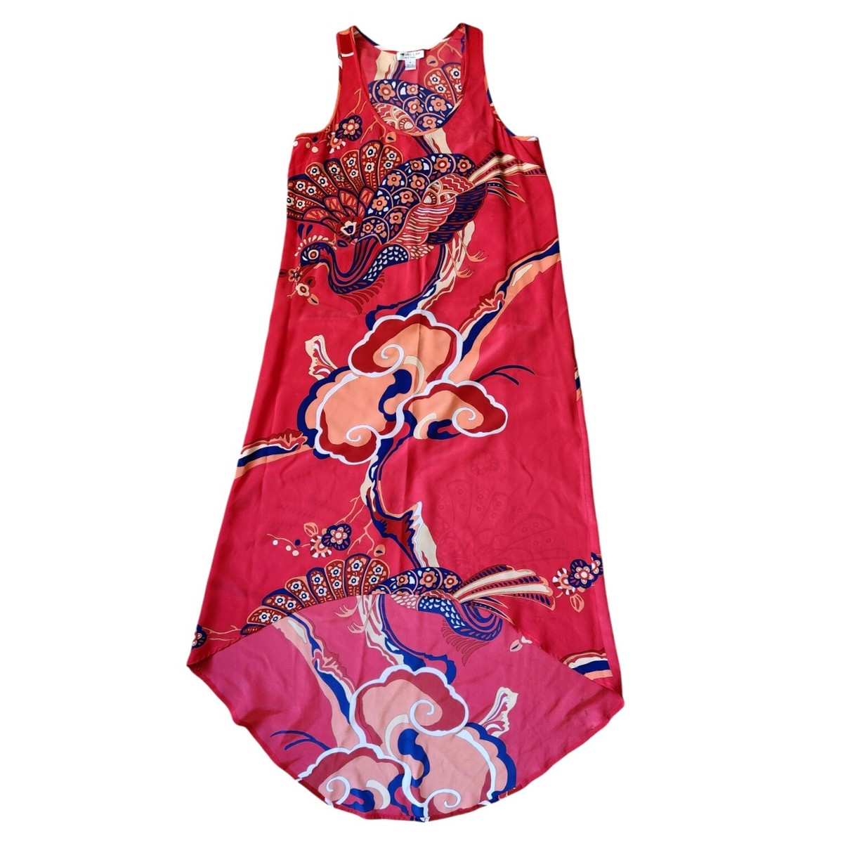 Nieves Lavi 100% Silk Slip Dress Maxi Red Peacock Floral Print Hi