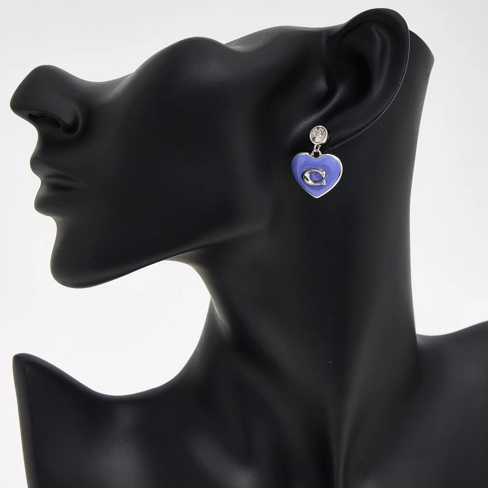 Coach Smalto Orecchini Cuore a Goccia Blu Placcati Argento, Scatola Venduto - Immagine 2 di 4