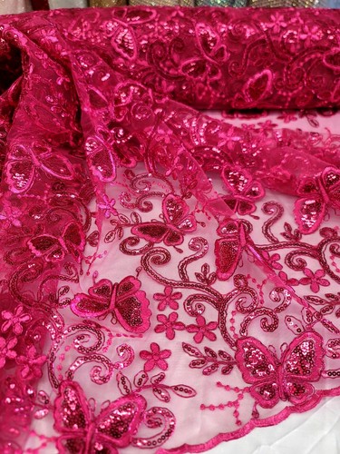Fuchsia Spitzenstoff mit Schmetterlingen Pailletten Netzstoff Meterware Abschlussball - Bild 12 von 16