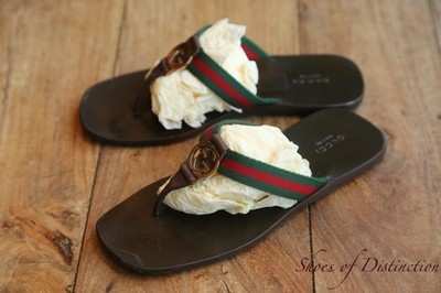 Gucci GG Monogram Brown Canvas Leather Sandals Sliders Flip Flops Ladies UK 5
