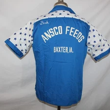 Vtg 1970s King Louie Mens Sz M Blue Chain Stitch Bowling Shirt Embroidered Stars