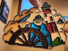 VTG Handcrafted Stained Glass Style Sun Catcher Sailboat Lighthouse Sailor Ship