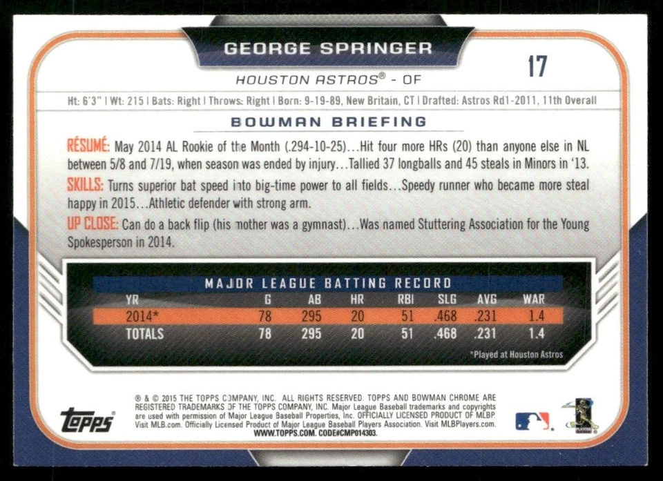 2015 BOWMAN CHROME GEORGE SPRINGER HOUSTON ASTROS #17 - Image 2 of 2