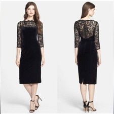 Eliza J Lace Black Velvet Yoke Lace Scalloped Sheath Midi Dress Cocktail Size 4
