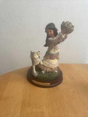 Native Girl with Wolf Resin Figurine on Wood Base Monterfiori Collection