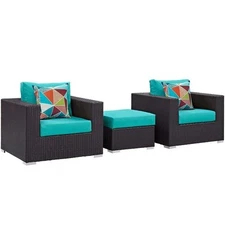 Modway Convene 3-Piece Rattan Aluminum Patio Sofa Set in Espresso/Turquoise