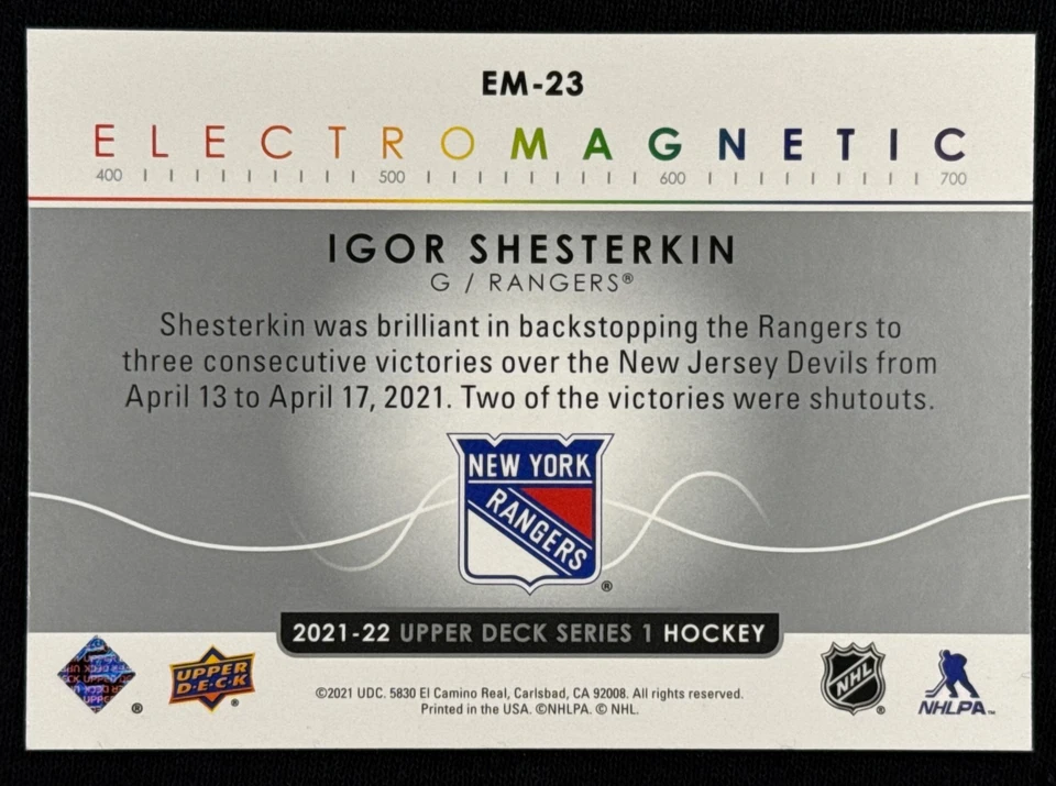 2021-22 UD Series 1 Igor Shesterkin Electromagnetic #EM-23 New York Rangers - Image 2 of 2