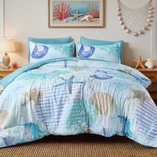 Coastal Comforter Set Queen Size, Beach Coral Queen 90"x90" Teal Coastal